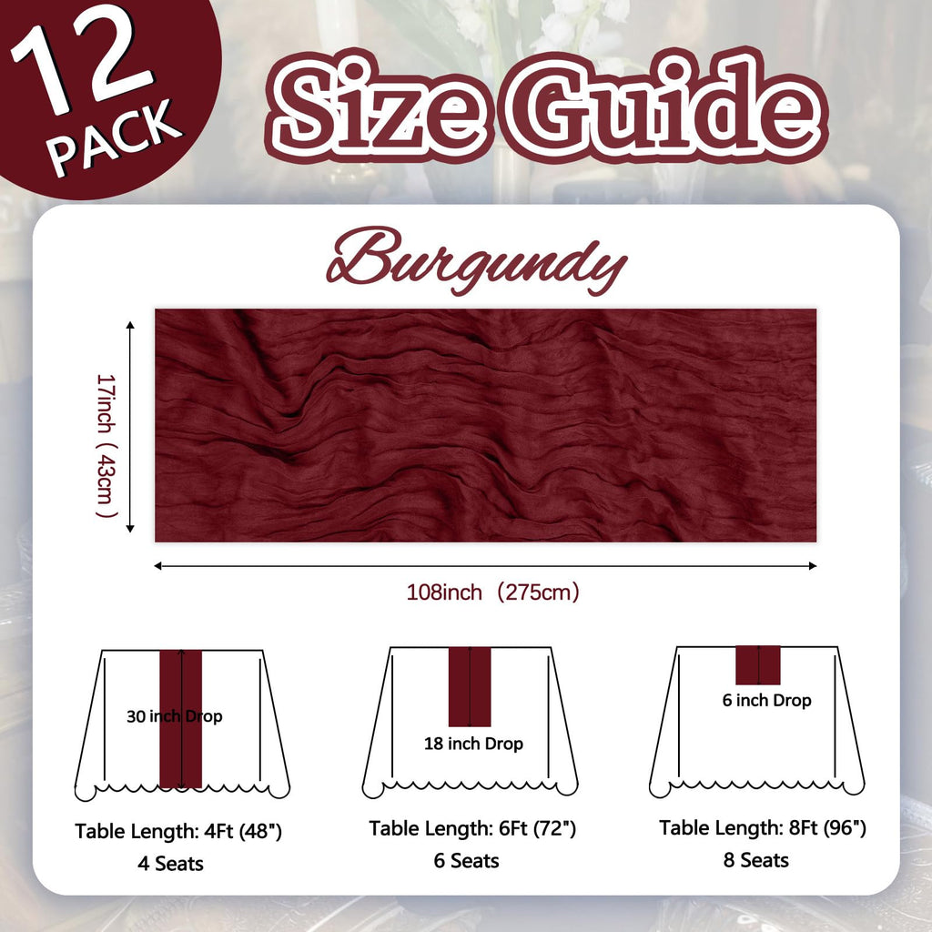 12 Pack Burgundy Fall Cheesecloth Table Runner 17 x 108 Inch