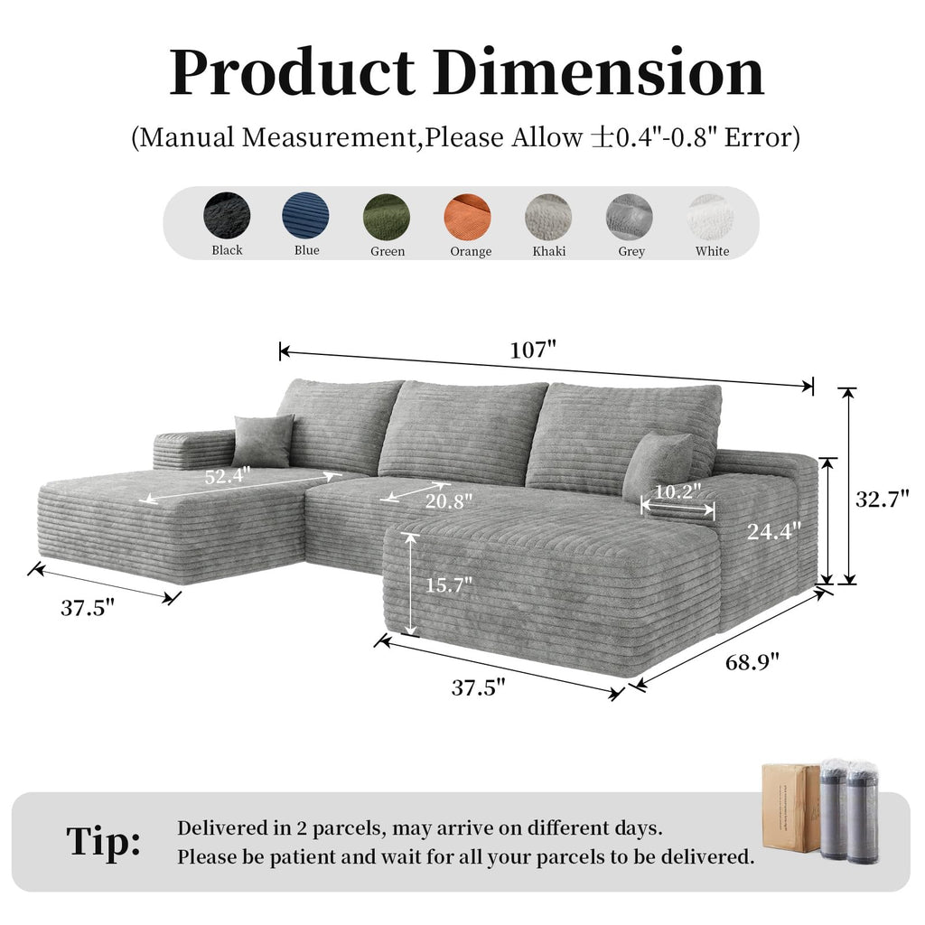 107" U Shaped Boneless Sofa with Left Chaise & Ottoman, Grey