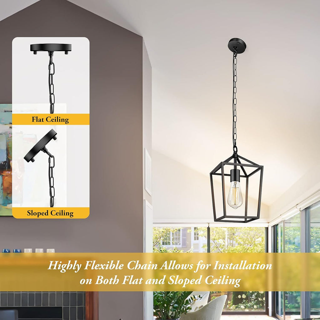 Farmhouse Black Pendant Light for Kitchen Island Industrial Hanging Lantern Fixture Modern Metal Cage Lamp Chandelier