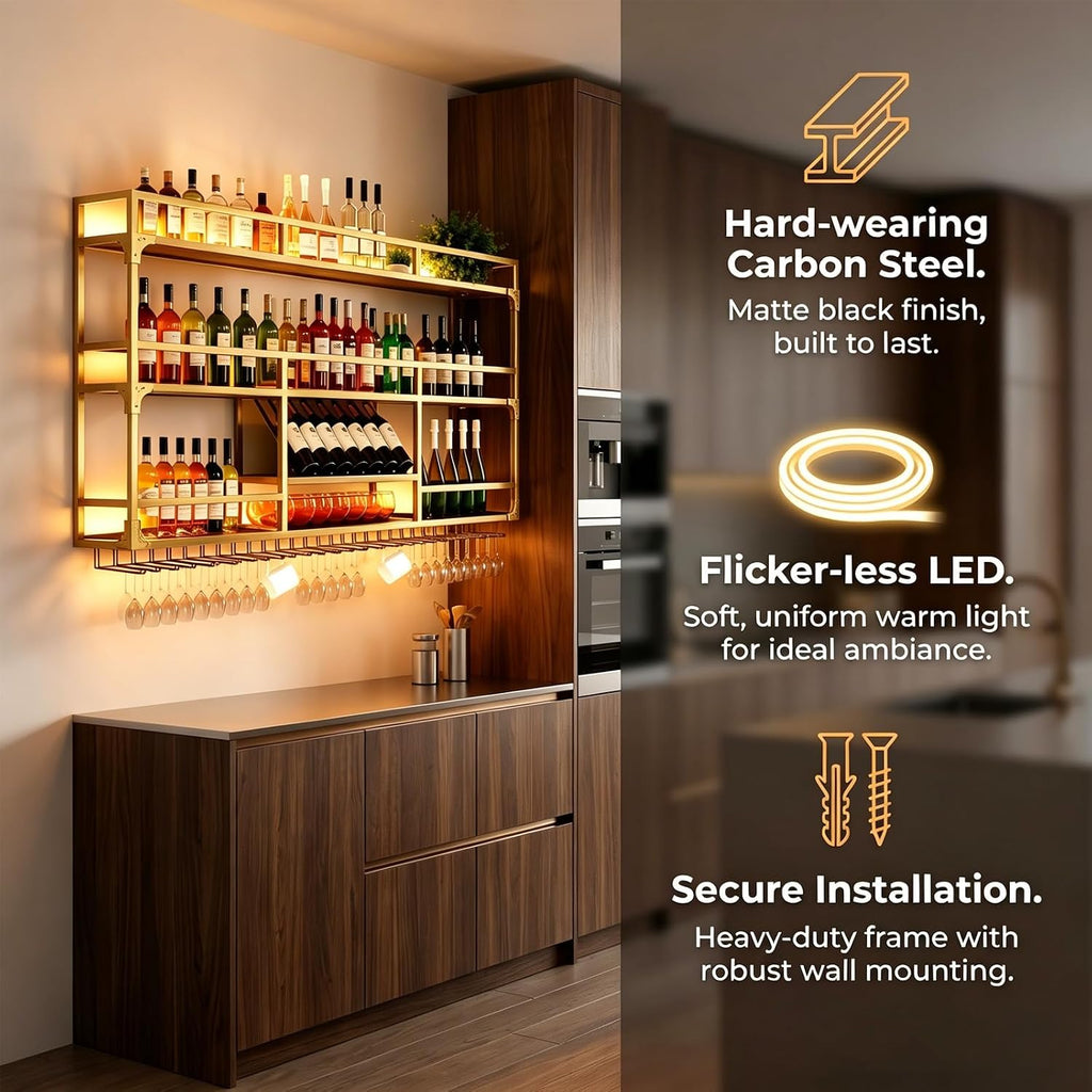 59in Wall Mounted Wine Rack, Floating Industrial Liquor Glass Holder 3 Tiers, Large Metal Wine Bottle Display Rack