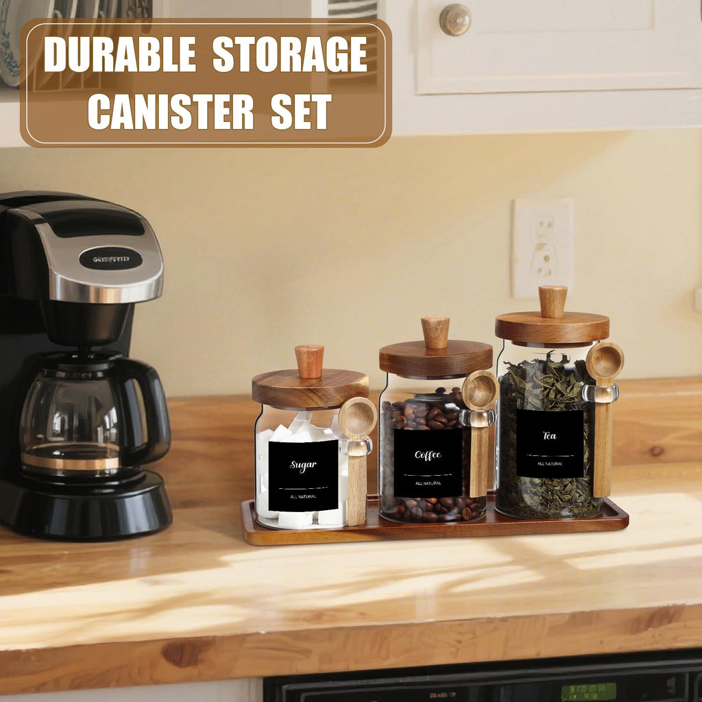 3 Pcs Glass Coffee Container Set, 13.5, 20, 25 oz, Acacia Brown