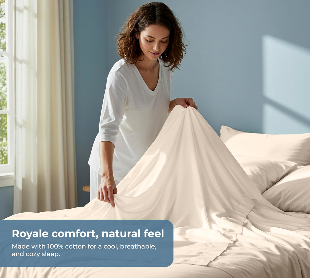 100% Organic Cotton Queen Sheet Set - Percale Weave - 4 Pieces Set - 1 Flat, 1 Deep Pocket Fitted Sheet and 2