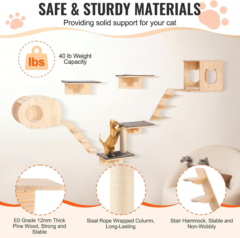 Wall Mounted Cat Shelves and Perches with Jumping Boards, Cat Beds, Hammocks & Tree, Up to 40 lbs for Sleeping