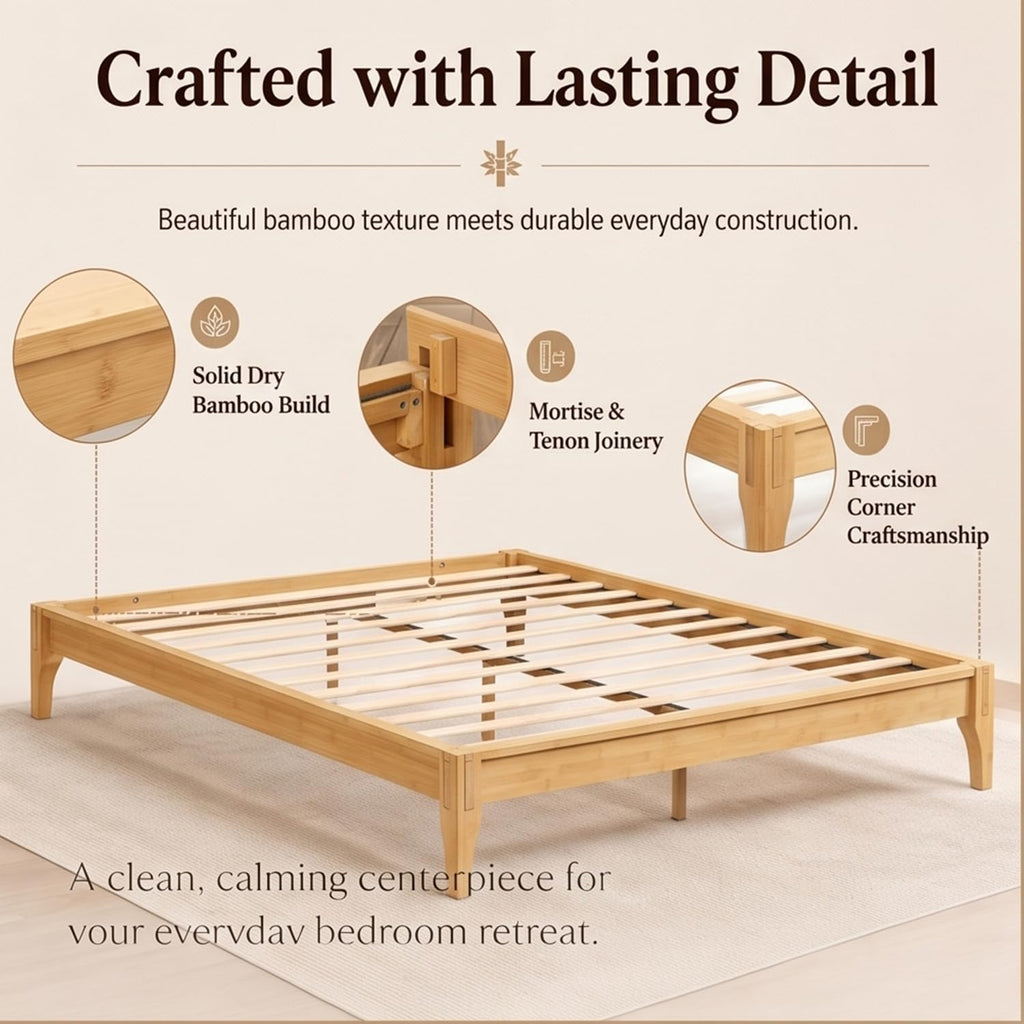 Natural Japanese Bed Frame, 12" H Low Profile Bamboo Bed Frame Without Headboard, Minimalist Wooden