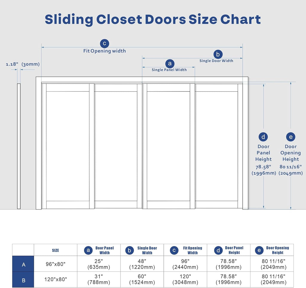 Double Sliding Closet Door, 96" x 80" (Double 48"), One Side Mirror, Complete Set with Hardware, Fin