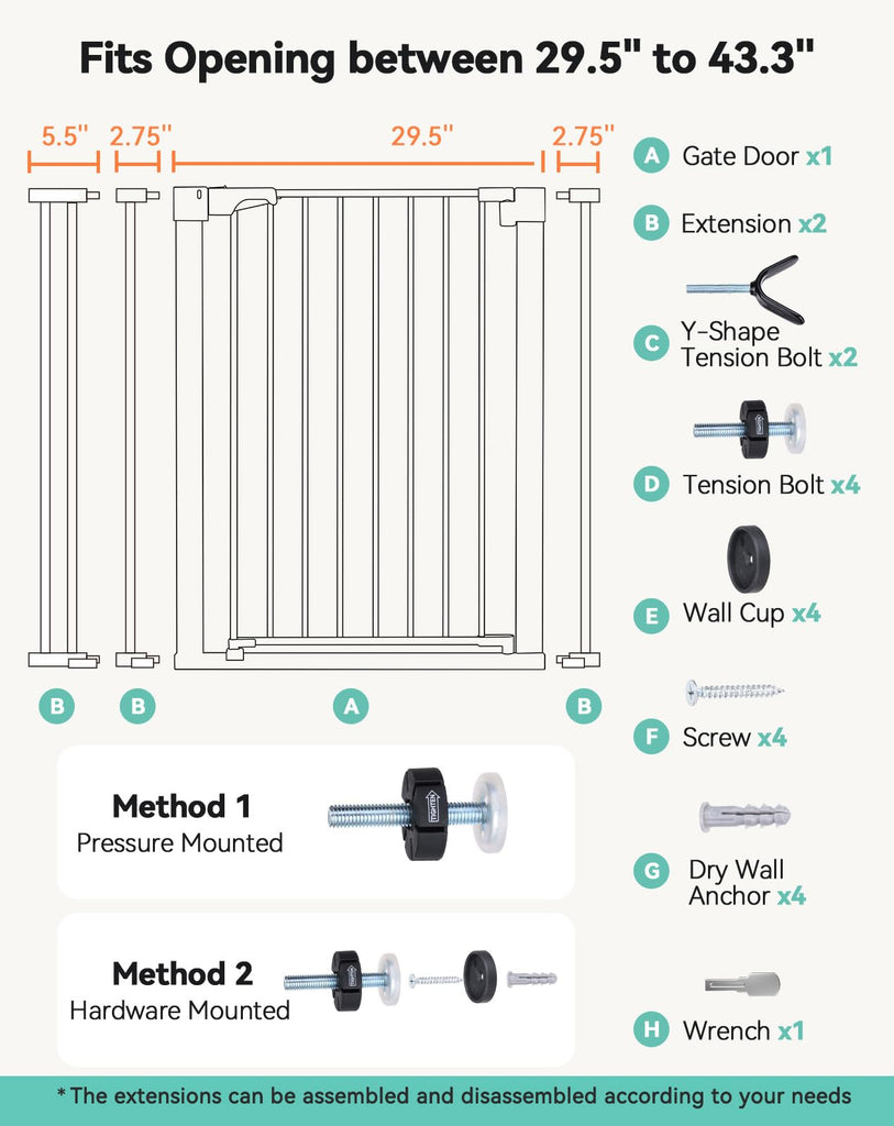 36" Extra Tall Baby Gate for Stairs, Fits 29.5" to 43.3" Openings