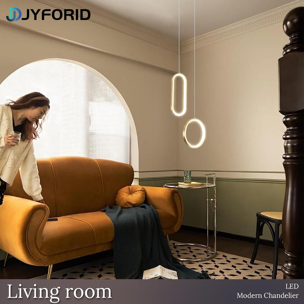 Gold Modern Mini LED Pendant Light with Remote Control, 2 Ring 24W 3-Color Temp Stepless Dimmable Ceiling Hanging
