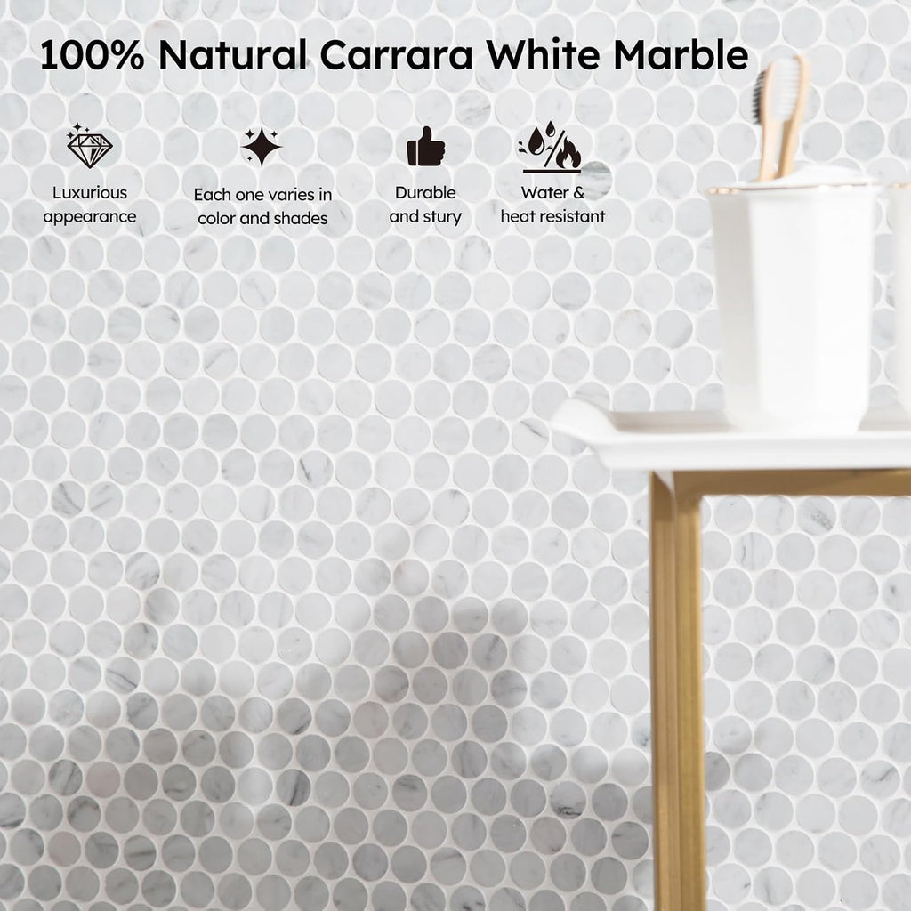 Carrara White Marble Mosaic Tile,1 Inch Penny Round, Honed, 5 Sheets | Natural Bianco Carrera, Marble Stone