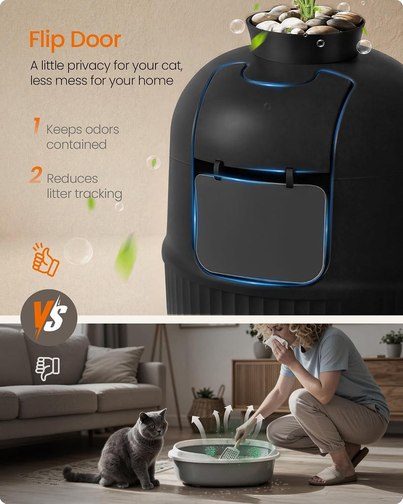 Cat Litter Box with Artificial Plant, Enclosed Hidden Litter Box