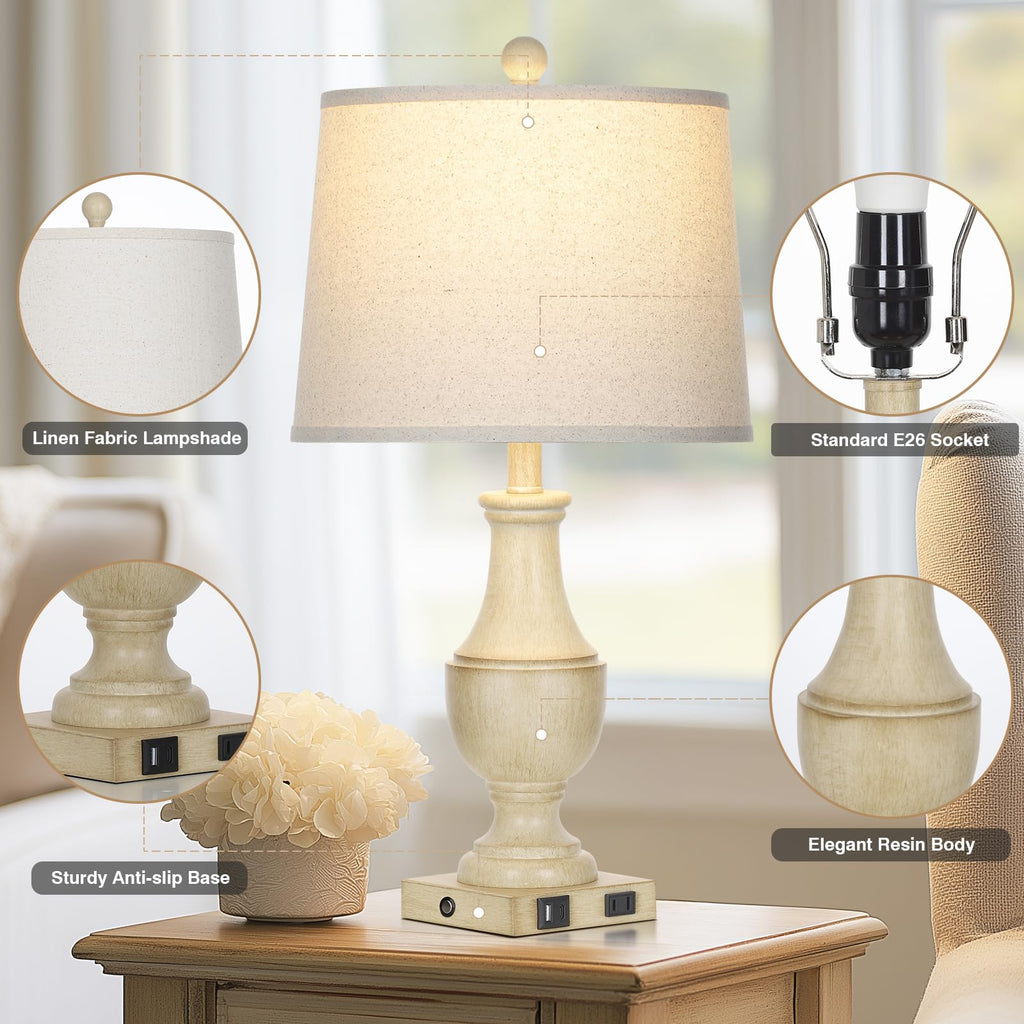 Farmhouse Vintage 3-Way Dimmable Table Lamp Set of 2 with USB A+C Charging Ports & AC Outlet, Rustic Mid Century