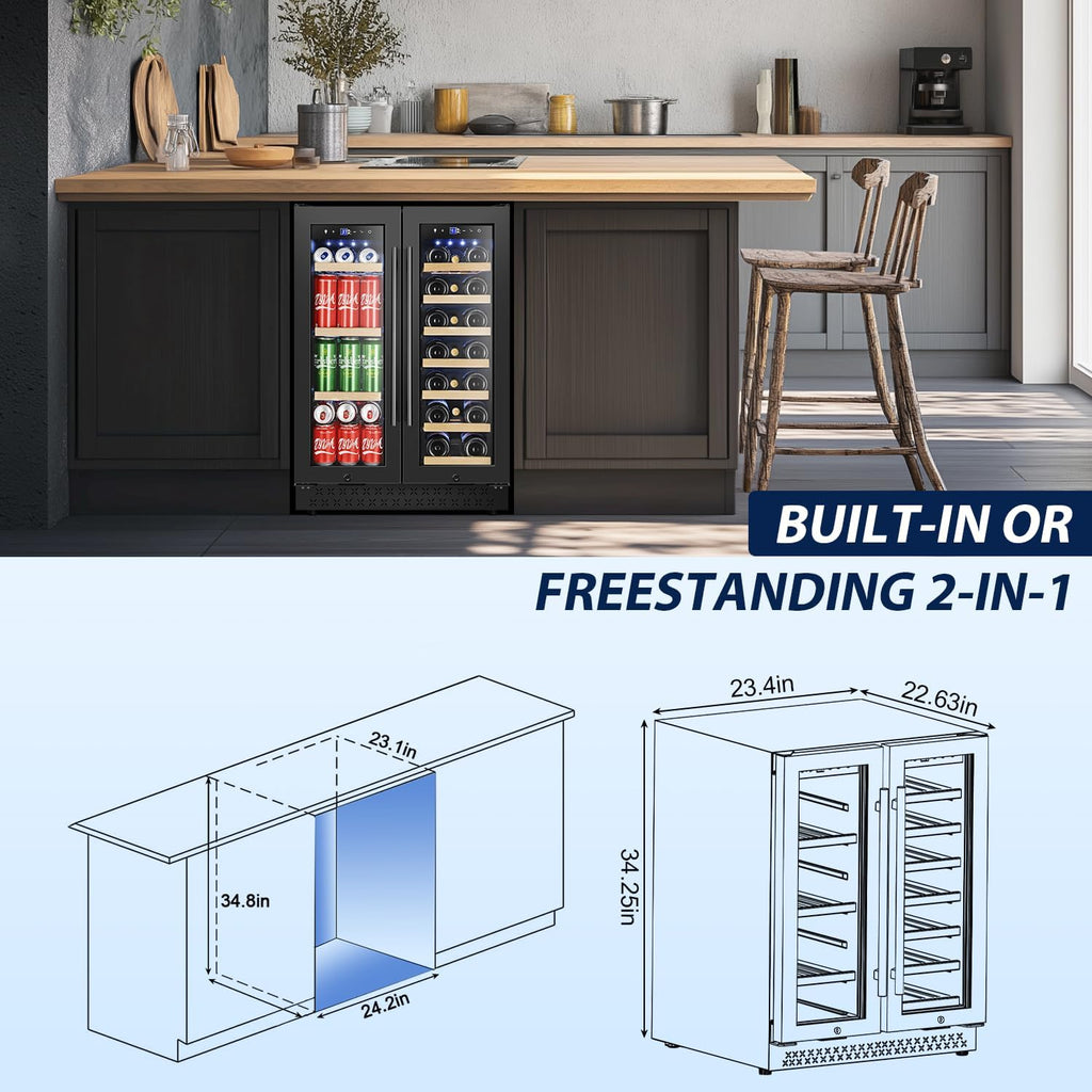 24 Inch Wine and Beverage Refrigerator, Dual Zone Wine Beverage Cooler 24" with 