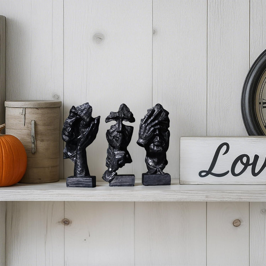 3 Pcs Thinker Statue, Silence is Black Abstract Art Figurine, Modern Home Resin Decorative Objects Decor Bookshelf
