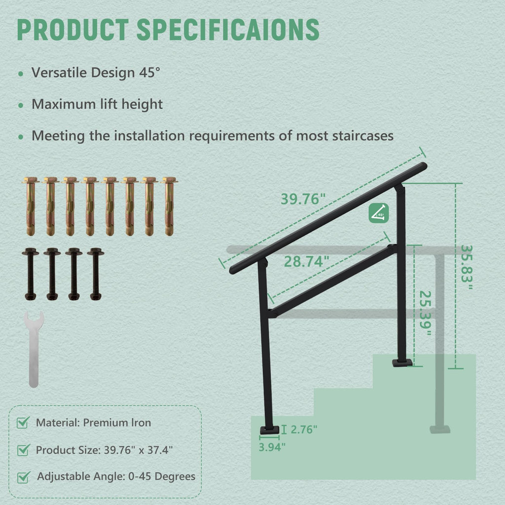 2 Pack Hand Rails for Outdoor Steps, 2-3 Step Railing for Stairs, Adjustable Porch Railing, Hand Rails for