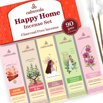 Happy Home Incense Sticks Multipack- (5 Variants) Charcoal Free, Made from Upcycled Flowers | Insense Cozy Warm - Set of 60