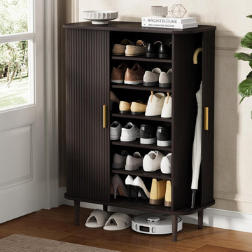 Shoe Storage Cabinet with Sliding Door, 6-Tier Shoe Cabinet with Adjustable Shelves, Modern Freestanding Shoe Storage