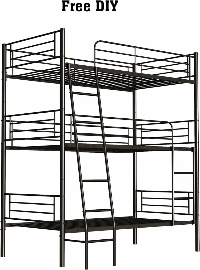 Twin Triple Bunk Bed for 3, bunk Bed for 3 Person, 3 bunk beds for Kids/Adults/Teenagers, Black Split into 3beds