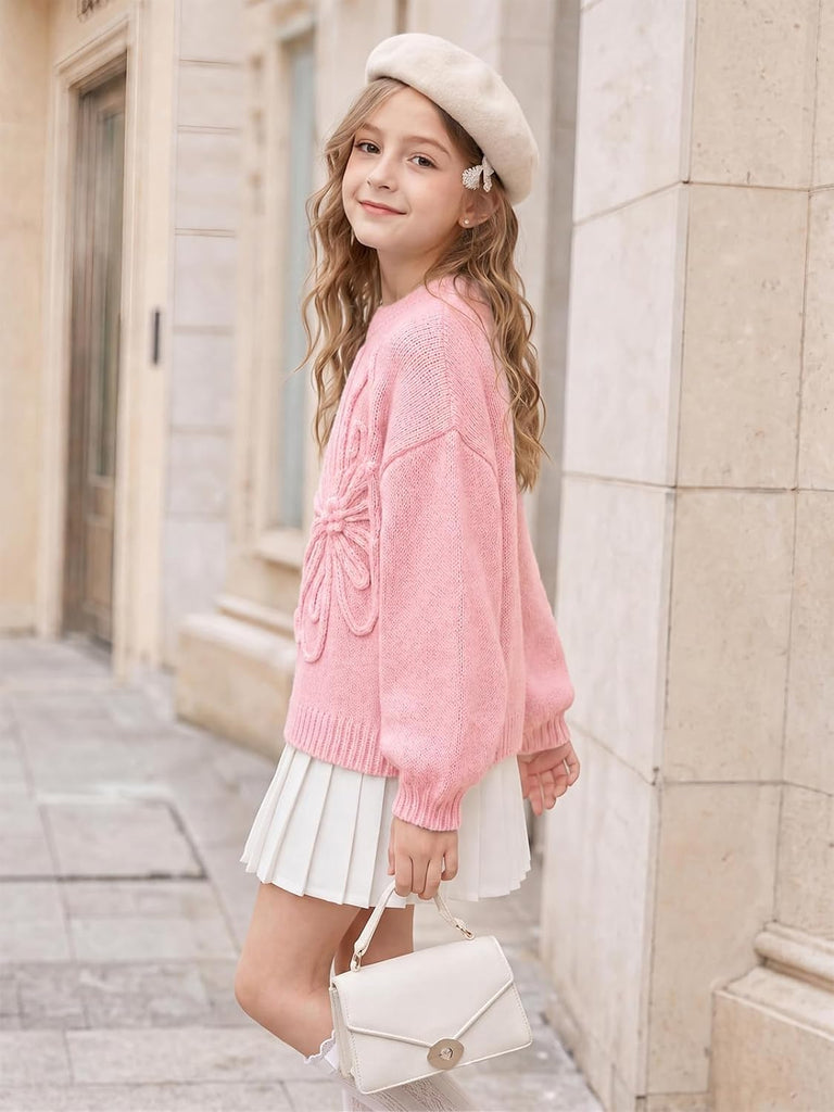 Girls Flower Knit Pullover Sweaters Casual Jumper Tops