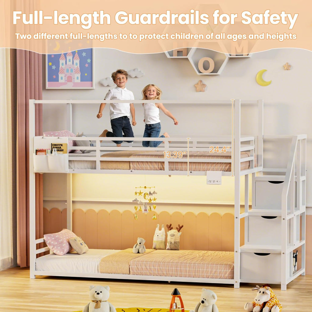 Low Bunk Bed Twin Over Twin with Storage Staircase, RGB LED Lights, Drawers & Shelves