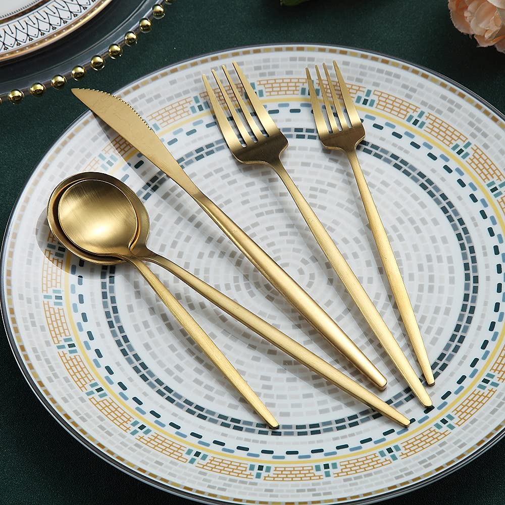 Matte Gold Silverware Set 40 Pieces, Stainless Steel Golden Flatware Set, Titanium Plating Cutlery Set, Matte Gold