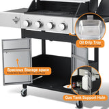 4-Burner Propane Gas Grill, 49,000 BTU BBQ Grill with Cast Iron Grates, Side Burner, Storage Cabinet and Pull-Out Grease Tray