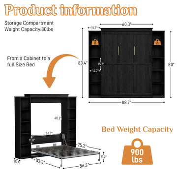 Murphy Bed Full Cabinet with 5-Tier Shelves, Wood Wall Bed, Black