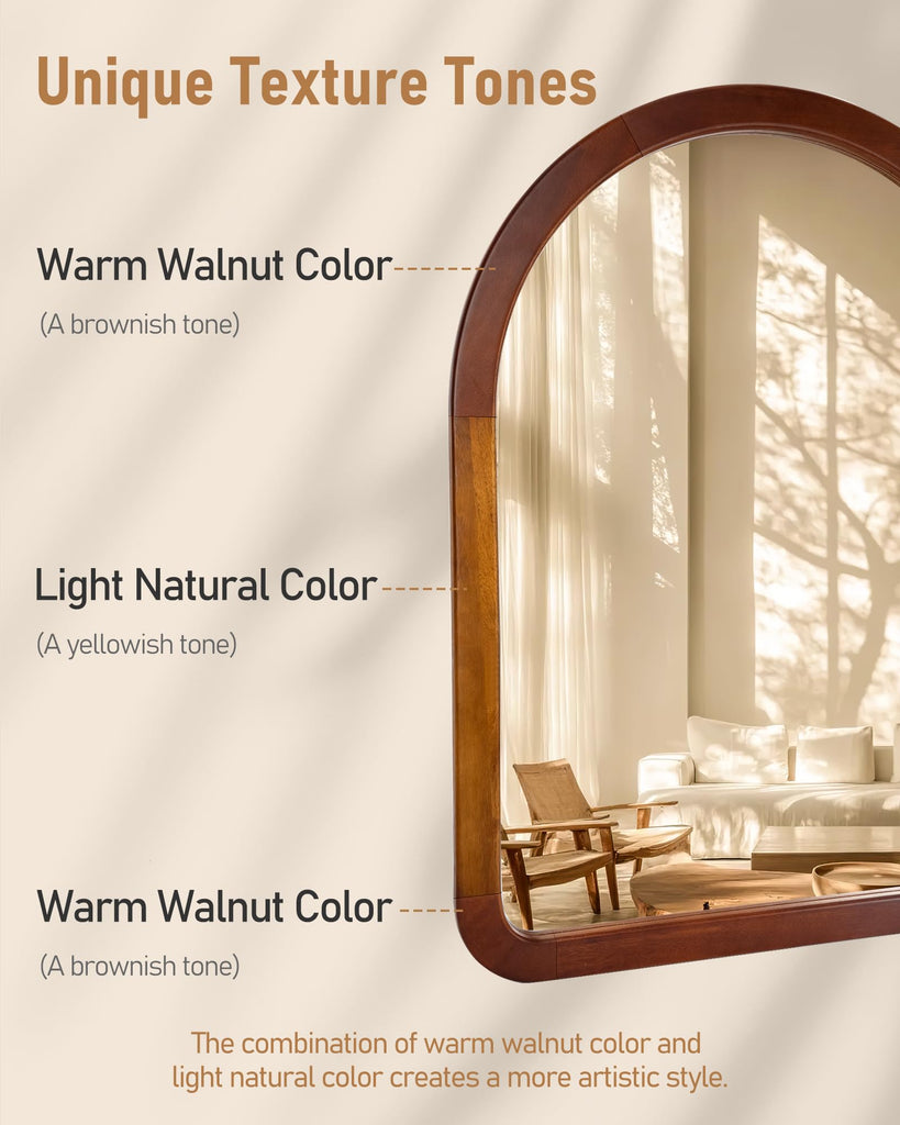 Arched Mirror 22 x 30 Inch, Brown Wood Rustic Bathroom Wall Walnut Mirror