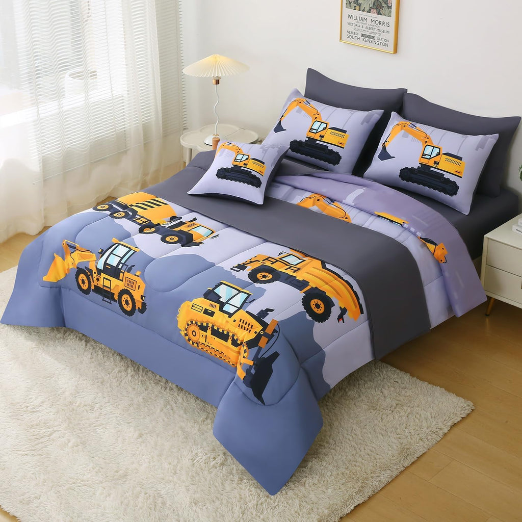 Construction Twin Bedding Sets for Boys Kids,6 Piece Bed in A Bag 3D Cartoon Car Excavator Tractor Comforter Set with Sheet Set,Trucks Cars