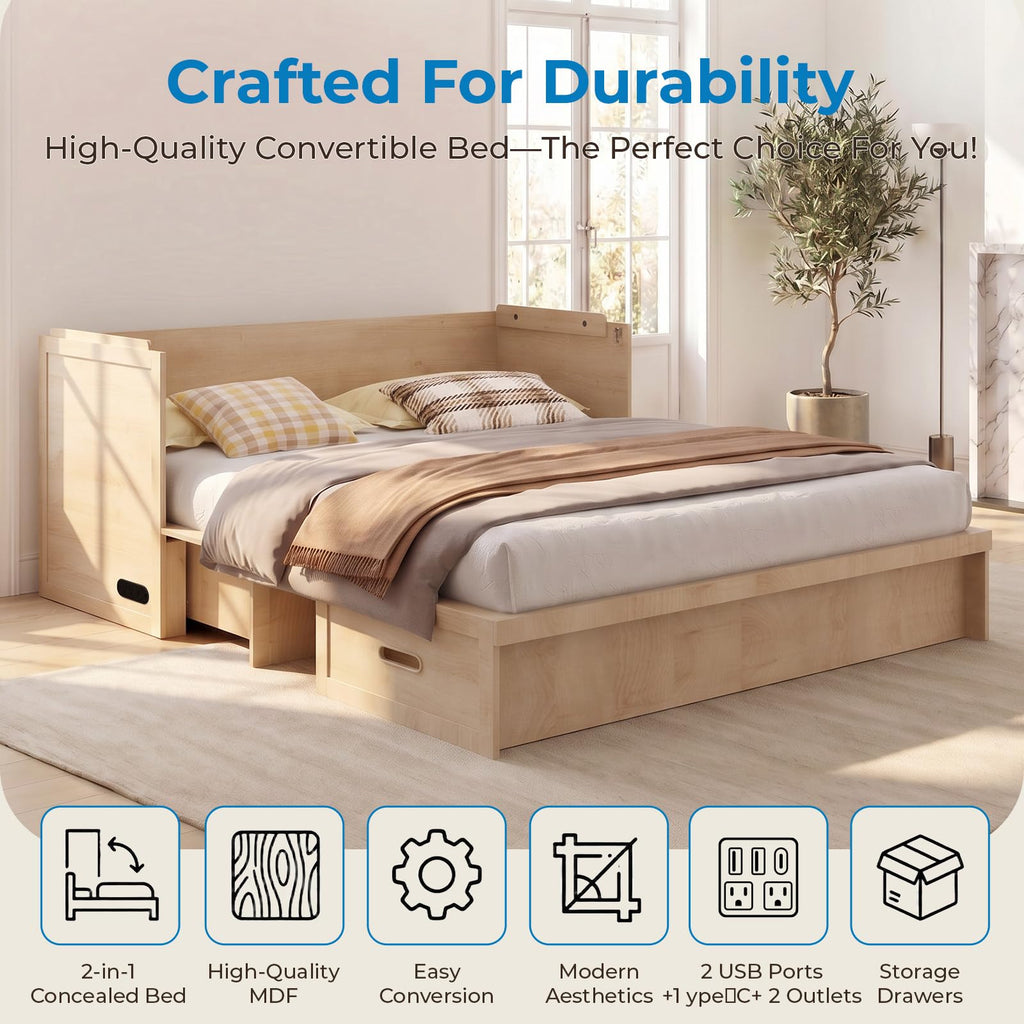 Queen Size Murphy Bed, Cabinet Bed Queen with Mattress Included, Built-in Charging Station, Storage Drawers, Murphy