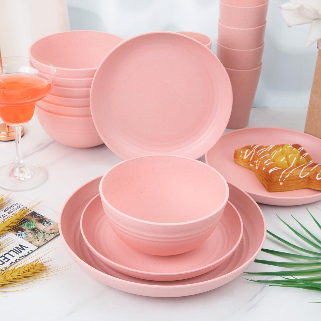 32Pcs Pink Plates and Bowls Sets for 8, Unbreakable Dinnerware