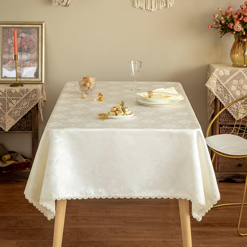 Textured Tablecloth Waterproof Spillproof Lace Trim Rectangle Damask Fabric Table Cloth Kitchen Dinn