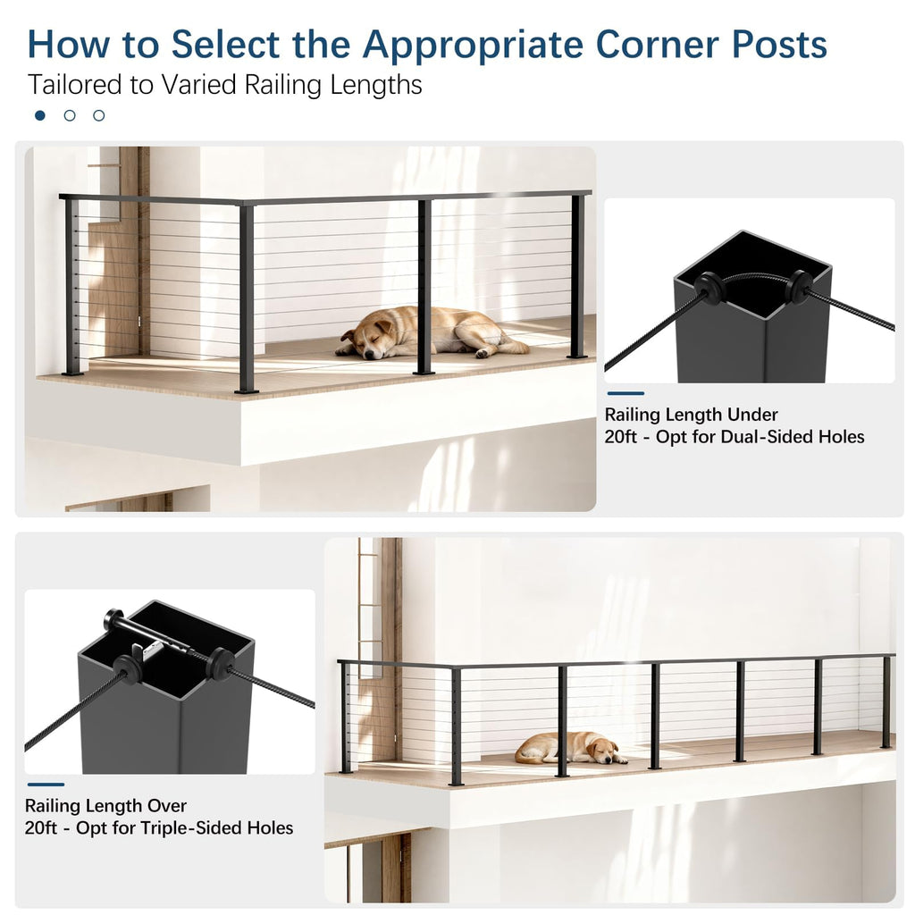 36" Black Cable Railing Corner Post, T-Drilled Three-Side Deck Post