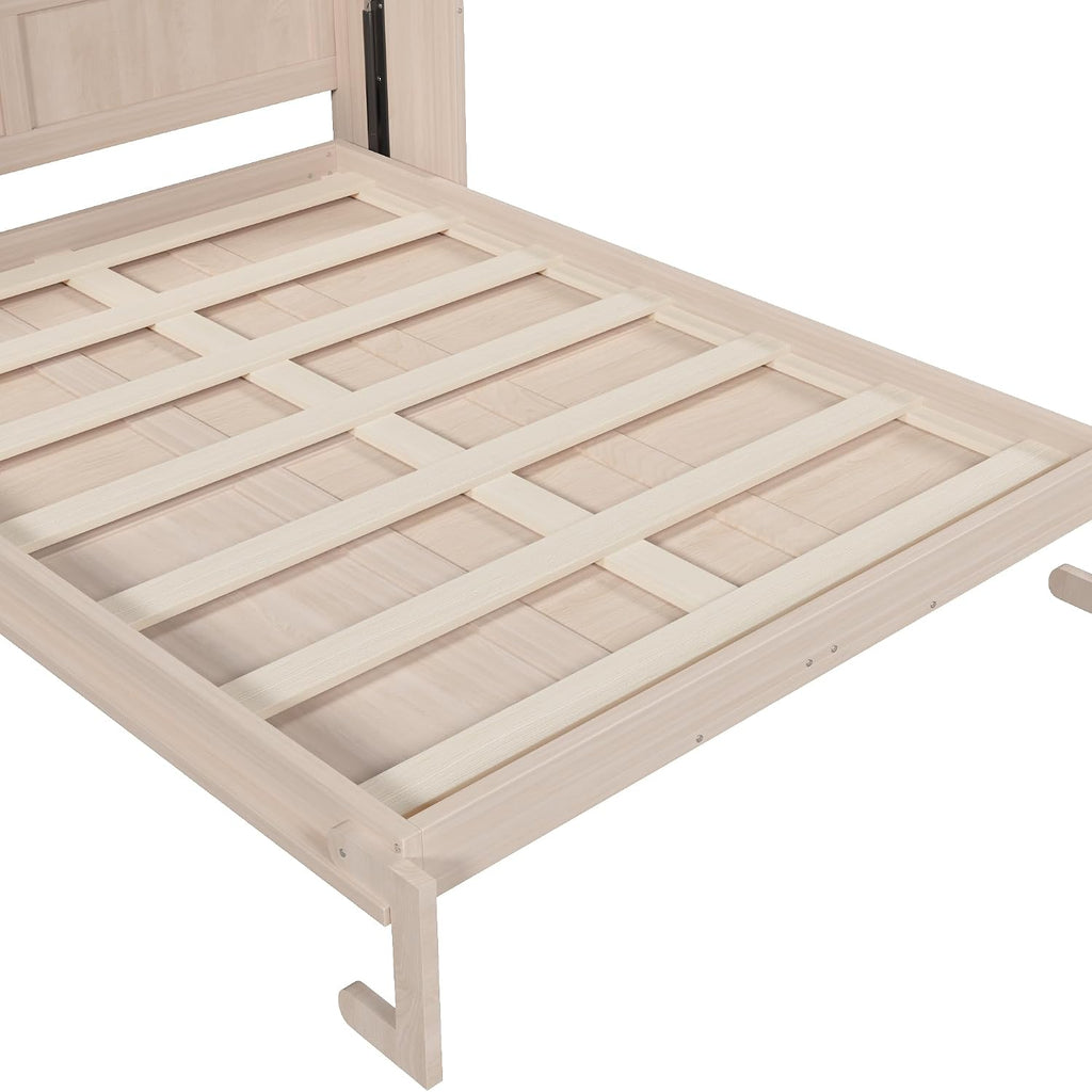 Murphy Bed with LED, Solid Wood Wall Bed, Converts to Cabinet for Space Saving, Queen, Beige