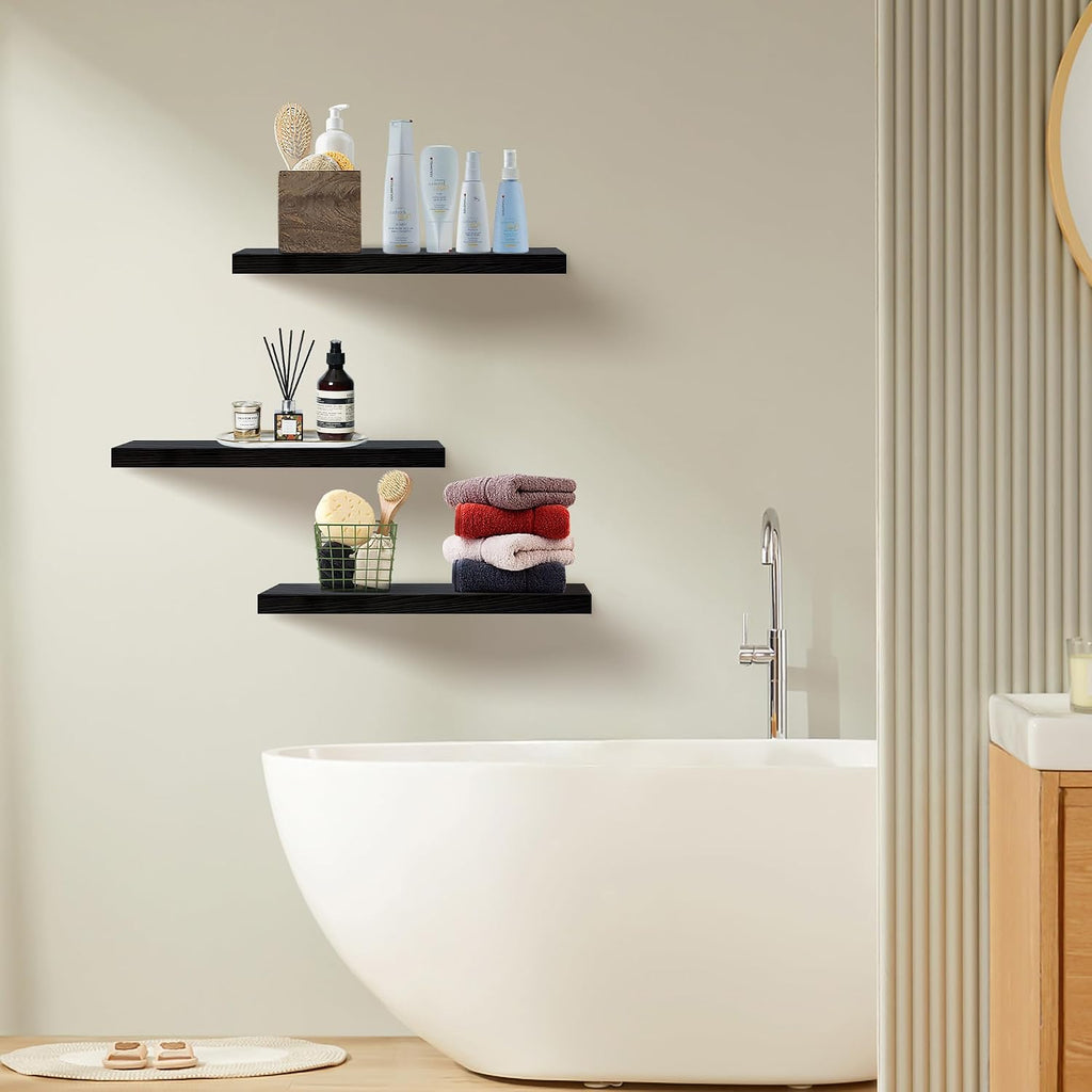 Floating Shelves for Wall Set of 3, 16 Inch Black Floating Shelves Bedroom | Smooth Black Finish, Engineered Wood