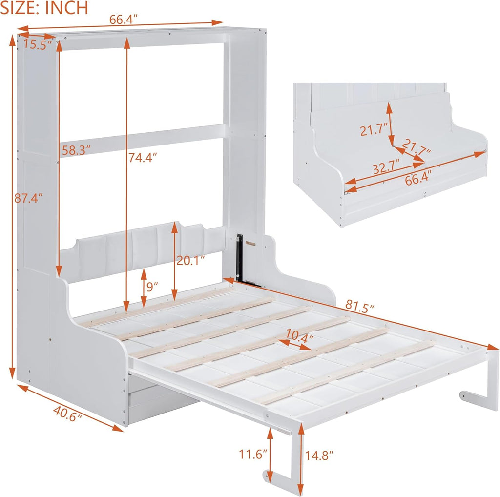 Queen Murphy Bed, Wooden Queen Murphy Bed Wall Bed with Sofa and Cushion, for Home Office or Small Room, White