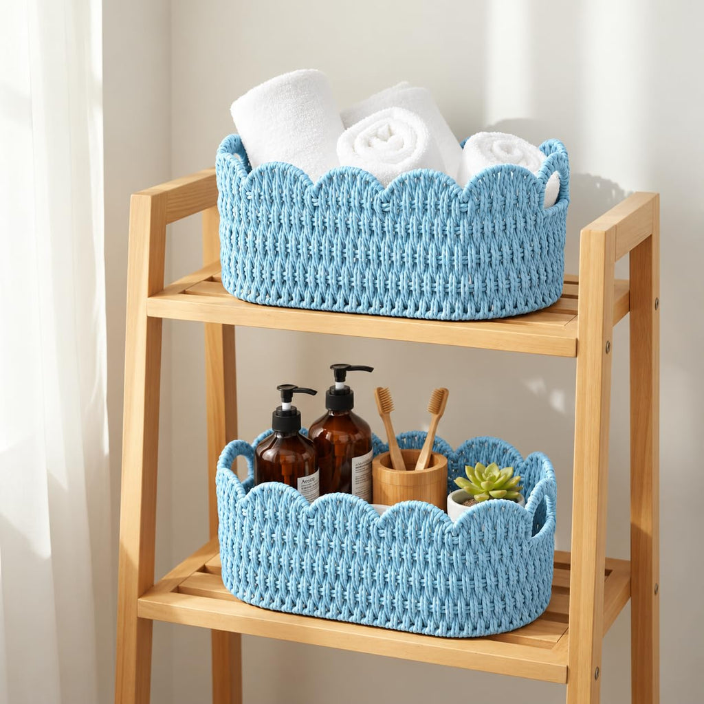 Set of 2 Paper Rope Scalloped Baskets, Small Wicker Baskets for Gifts, Blue