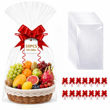 White Dot Cellophane Bags 50PCS, 18x30 Inch Gift Basket Wrap
