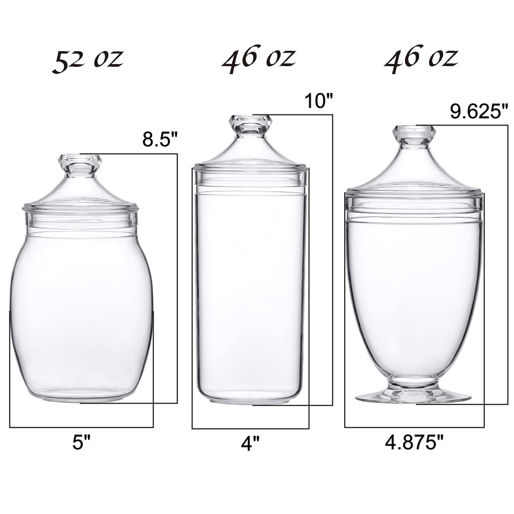 Adore - Plastic Apothecary Jars (3-Piece Set, 52/46/46 oz) (NOT Glass), Acrylic Jars with Lids, Bathroom Canisters
