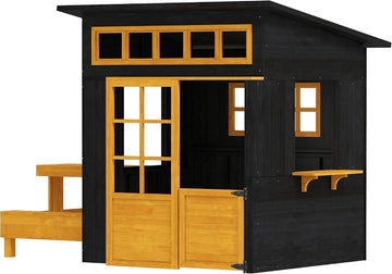 Fir Wood Outdoor Playhouse for 3-8: Chalkboard Walls, Built-in Picnic Table & Benches, 110lb Capacity
