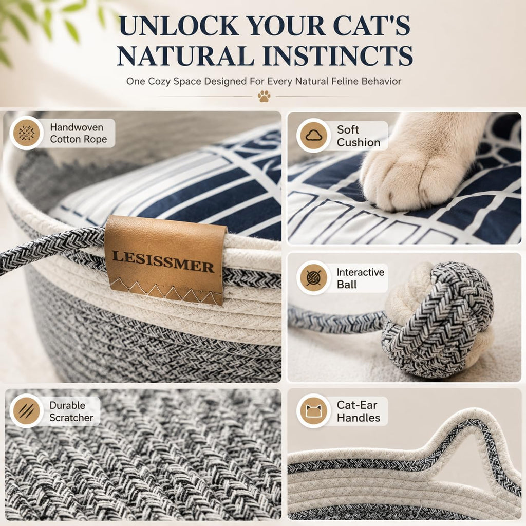Cat Bed Basket for Indoor Cats Handwoven Cotton Rope with Cushion (Grey)
