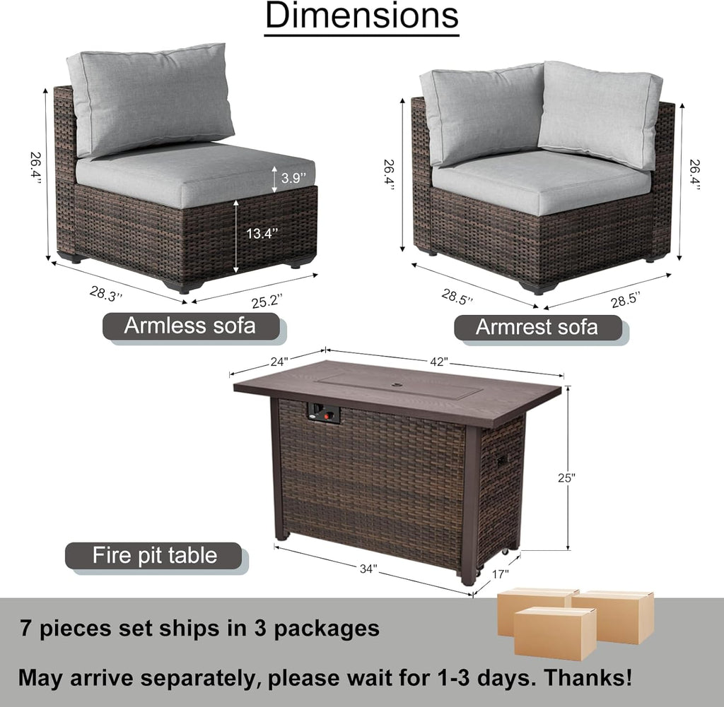 7 Piece Patio Furniture Set with 42" Fire Pit Table Outdoor Sectional Conversation Sofa Set with Comfortable Cushions