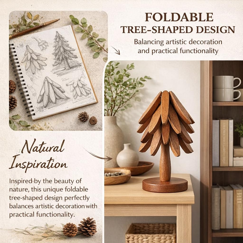 Wooden Trivets for Hot Dishes, Foldable Tree Trivet Set with Stand, 4-Layer Walnut Wood Trivet for Pots, Pans, Coffee - Set of 4