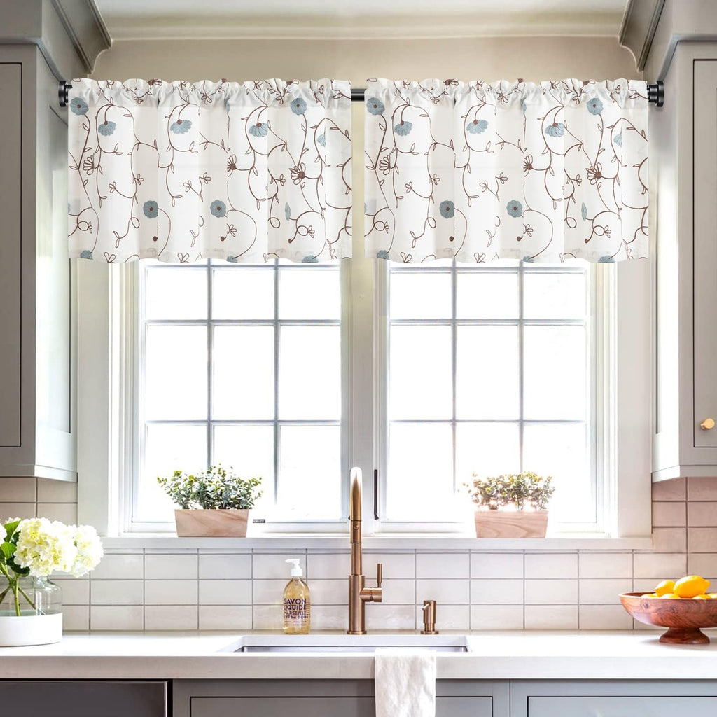 Linen Textured Window Valance, Blue Flower Pattern, 42 x 18, 1 Panel