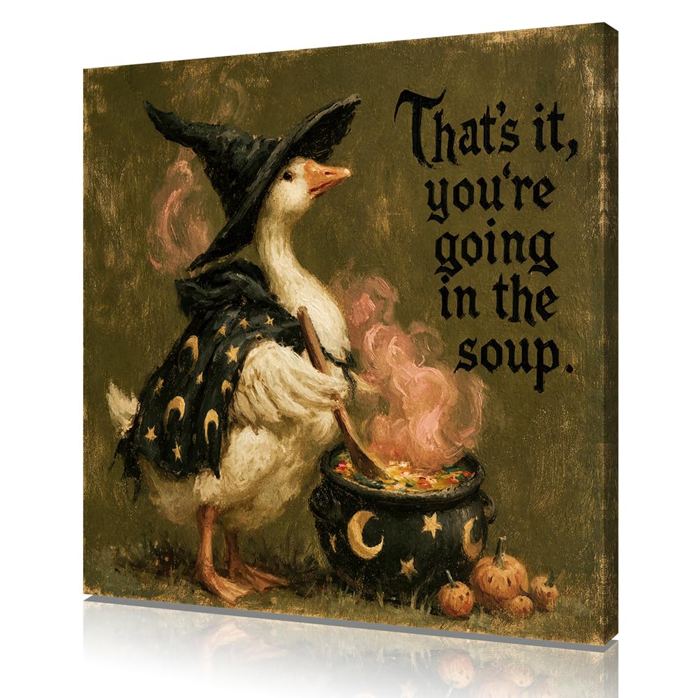 Vintage Witch Goose Wall Art- Funny Halloween Gothic Sign Canvas Pictures with Cauldron and Pumpkins Dining Room