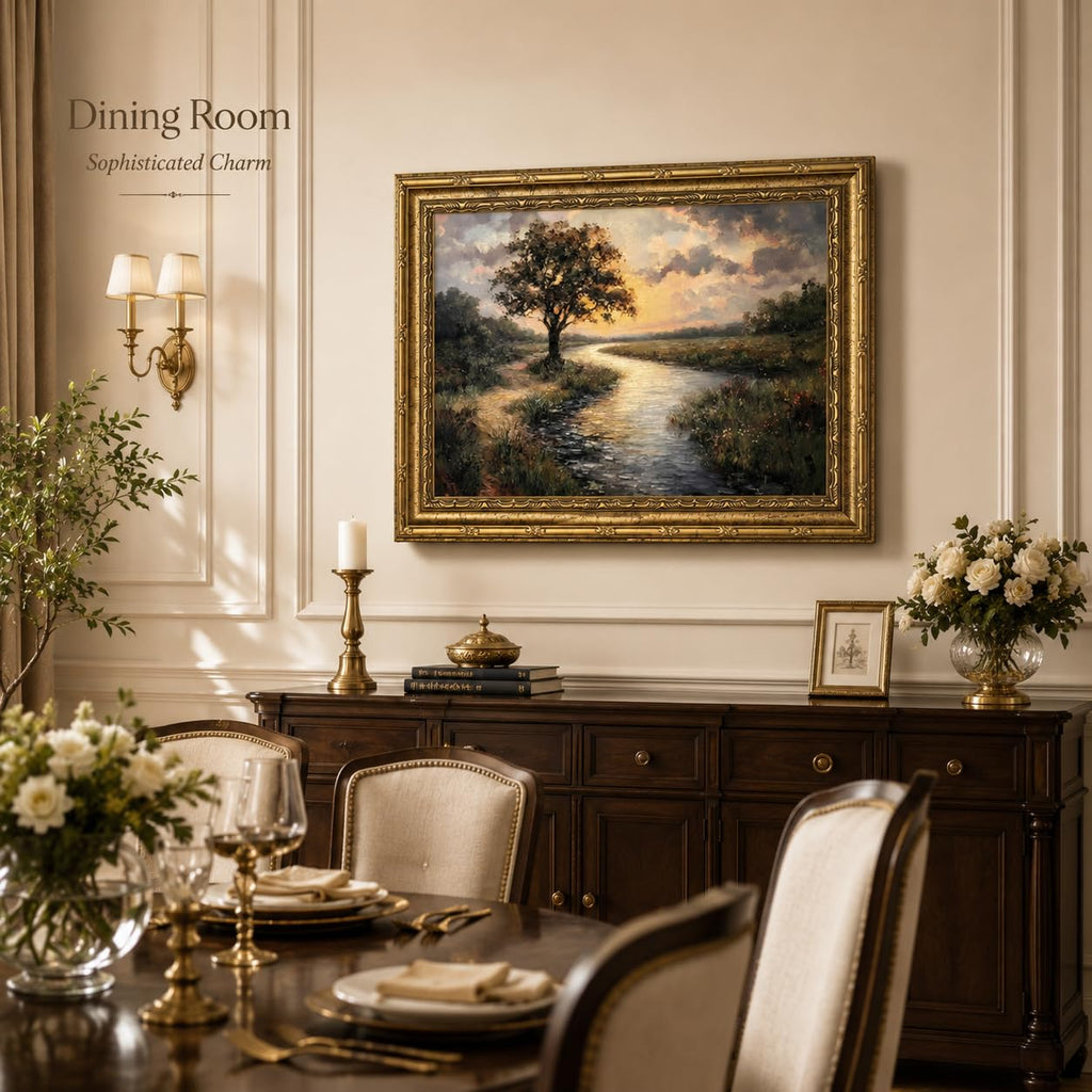 Gold Framed Canvas Wall Art, Serene River Tree Sunset Landscape Painting, Classic Countryside Picture Poster Prints