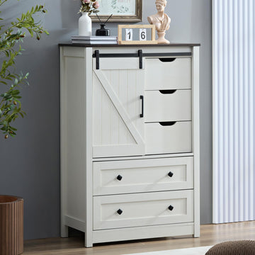 White Dresser with 5 Drawers, 48" Tall w/Sliding Barn Door, Farmhouse 5 Chest of Drawers, Antique White