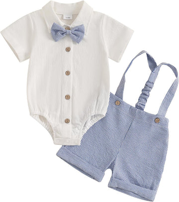 Newbron Baby Boy Summer Outfit Cotton Linen Button Short Sleeve Bowtie Shirt Romper Suspender Shorts Set