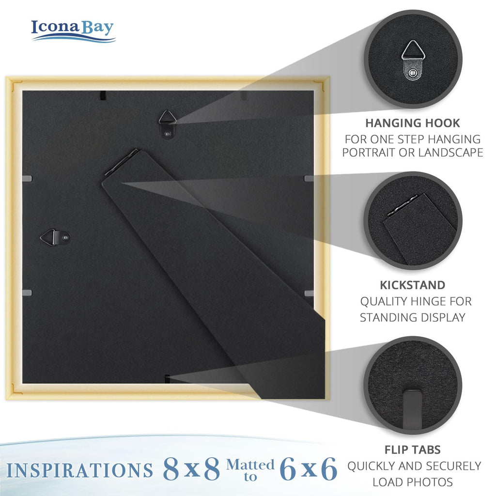 8x8 Picture Frames with 6x6 Mat, Gold, 6 Pack, Contemporary, Inspirations