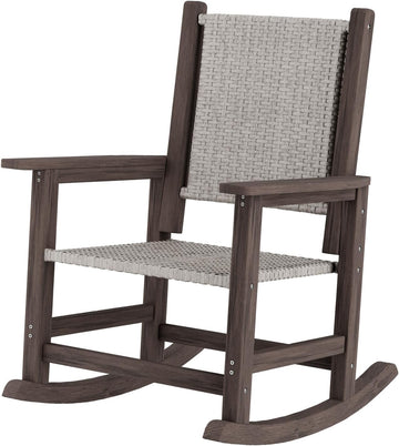 HDPE Outdoor Rocking Chair, All-Weather Wicker Porch Rocker, Dark Brown | Durable HDPE frame with woven seat and