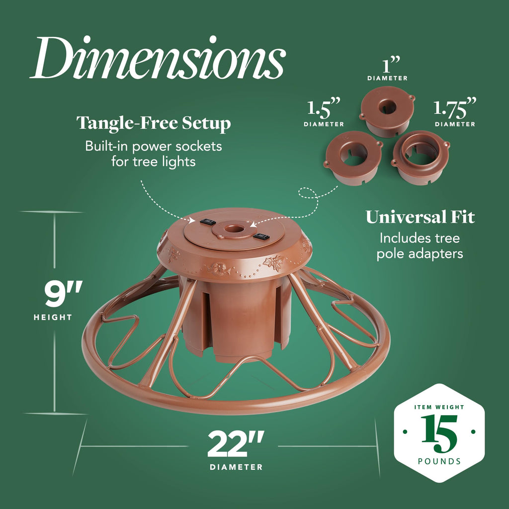 360° Rotating Christmas Tree Stand - Brown Sturdy Metal Base for Trees up to 9ft Tall - Holiday Decor Accessory