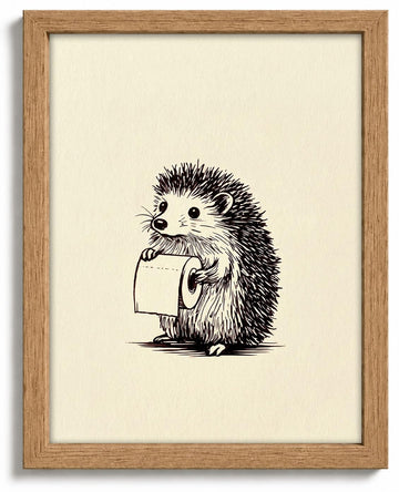 Framed Funny Bathroom Wall Art - Cute Hedgehog with Toilet Paper Canvas Print, Retro Cottagecore Bathroom Decor